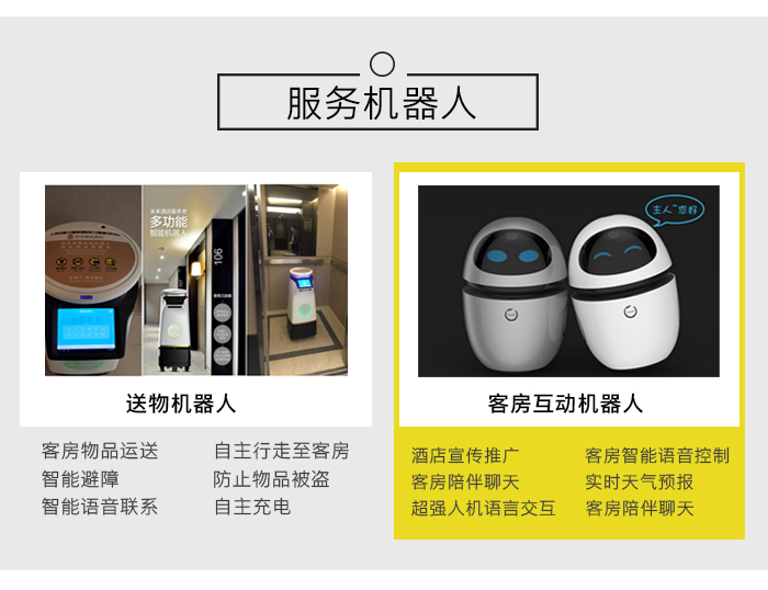 “鉑金”智慧酒店系統(tǒng)——服務(wù)機(jī)器人，分為送物機(jī)器人和客房互動機(jī)器人