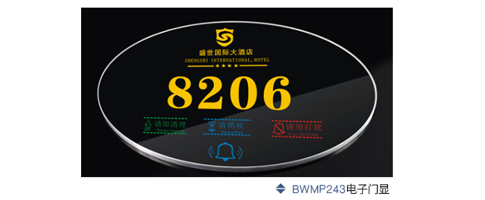 BWMP243電子門顯——系統(tǒng)概述：店子門顯設有五種顯示內容，再加上觸摸式門鈴按鈕，可根據酒店要求進行設計